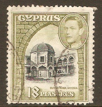 Cyprus 1938 18pi Black and olive-green. SG160.